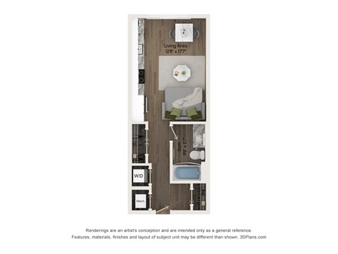 Floor plan for studio, 1 bath, 413 sqft